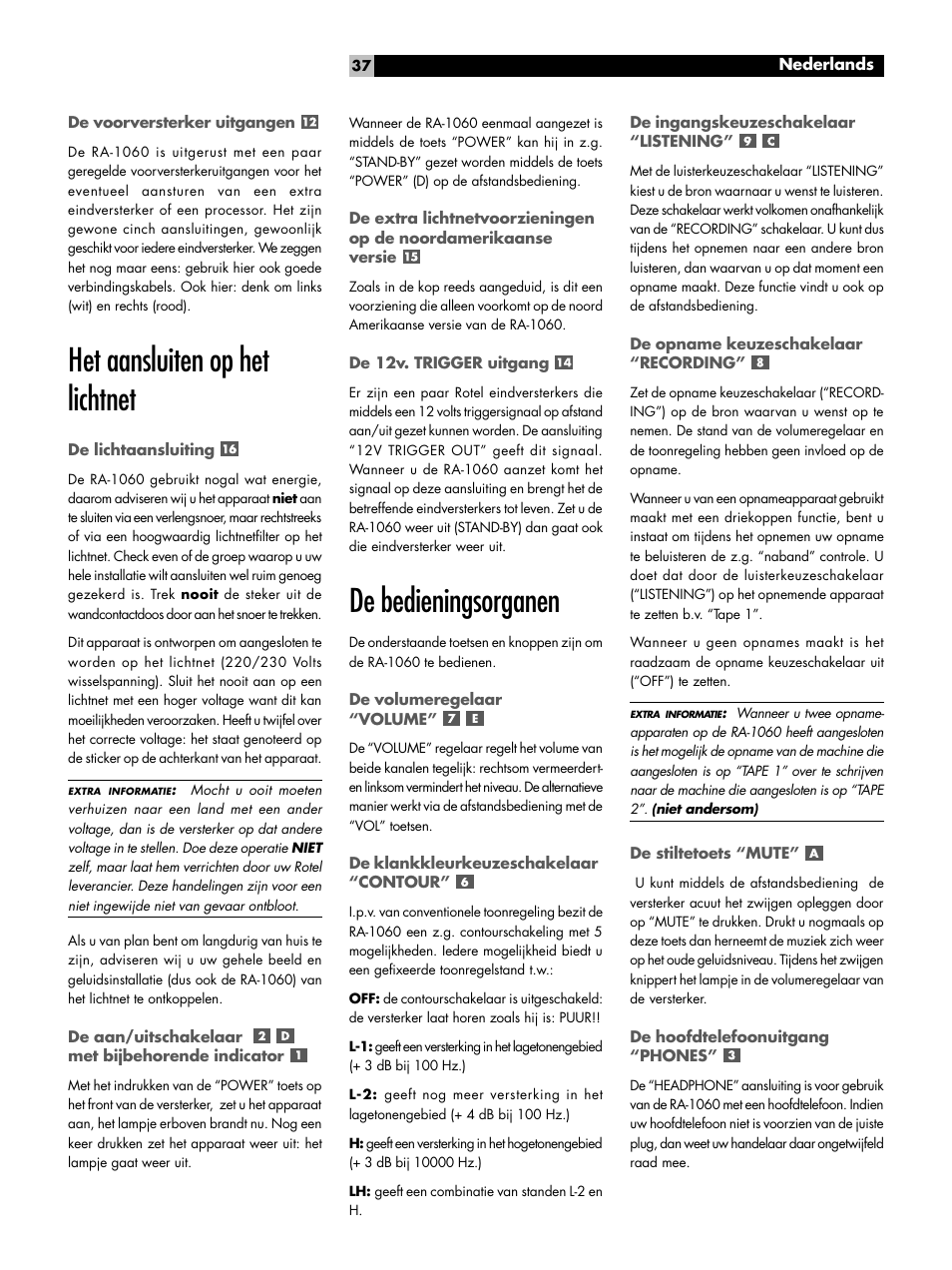 Het aansluiten op het lichtnet, De bedieningsorganen | ROTEL RA-1060 User Manual | Page 37 / 40