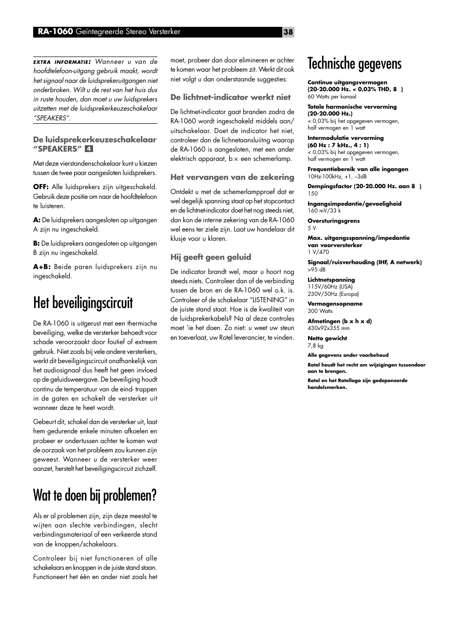 Het beveiligingscircuit, Wat te doen bij problemen, Technische gegevens | ROTEL RA-1060 User Manual | Page 38 / 40