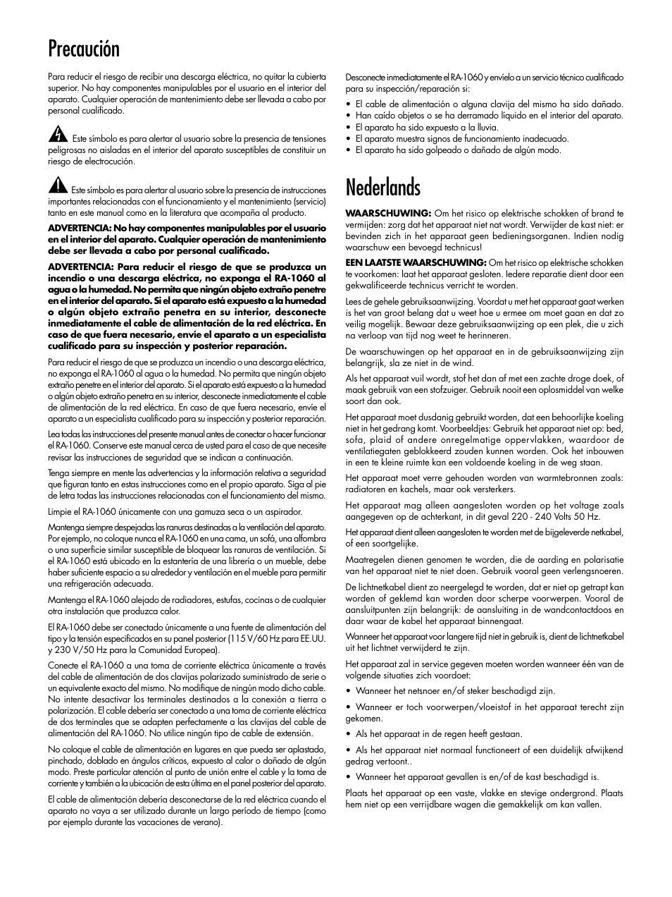 Precaución, Nederlands | ROTEL RA-1060 User Manual | Page 5 / 40