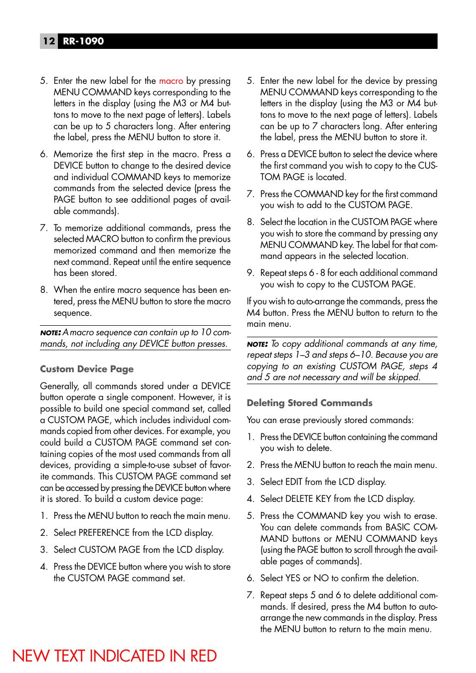 Deleting stored commands, New text indicated in red | ROTEL RR-1090 User Manual | Page 12 / 24