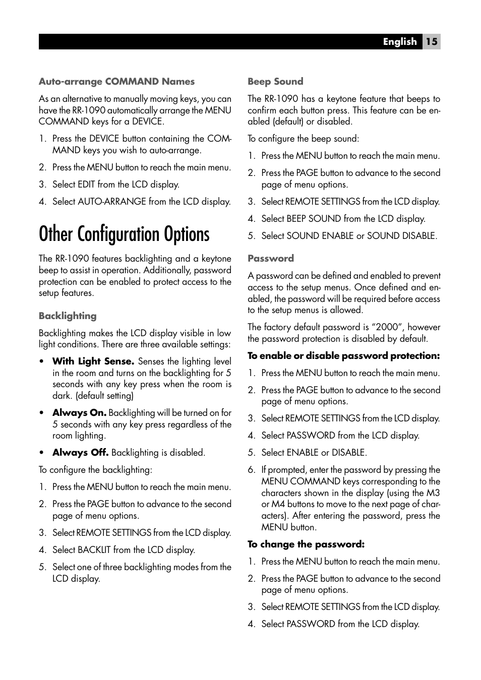Auto-arrange command names, Other configuration options, Backlighting | Beep sound, Password, Other configuration options backlighting | ROTEL RR-1090 User Manual | Page 15 / 24