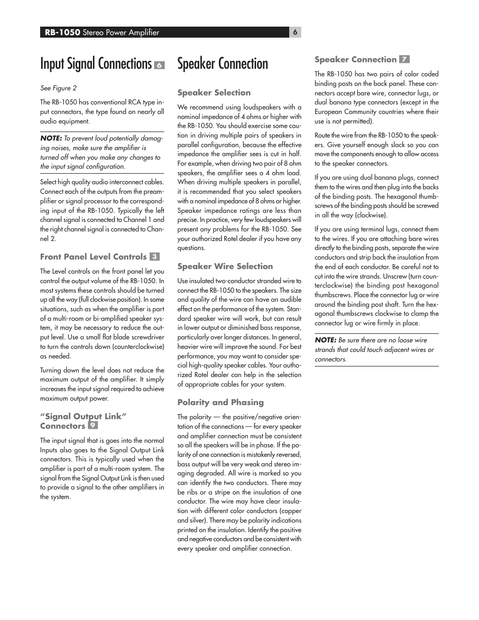 Input signal connections, Speaker connection | ROTEL RB-1050 User Manual | Page 6 / 8