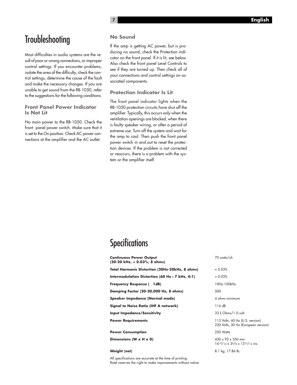 Specifications, Troubleshooting, English | Front panel power indicator is not lit, No sound, Protection indicator is lit | ROTEL RB-1050 User Manual | Page 7 / 8