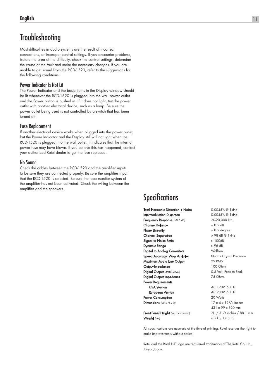 Specifications, Troubleshooting, English | Power indicator is not lit, Fuse replacement, No sound | ROTEL RCD-1520 User Manual | Page 11 / 64