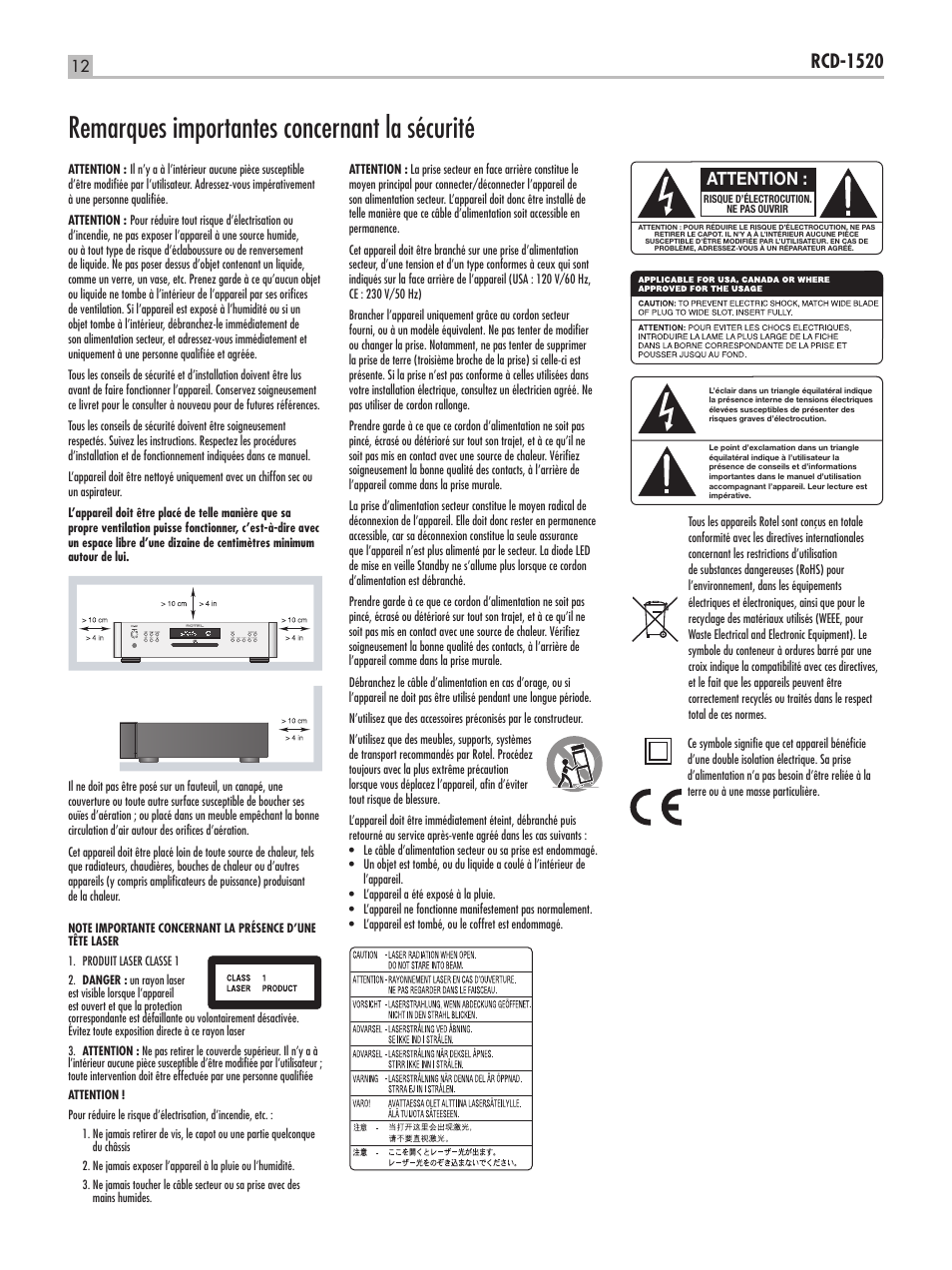 Remarques importantes concernant la sécurité, Rcd-1520, Attention | ROTEL RCD-1520 User Manual | Page 12 / 64