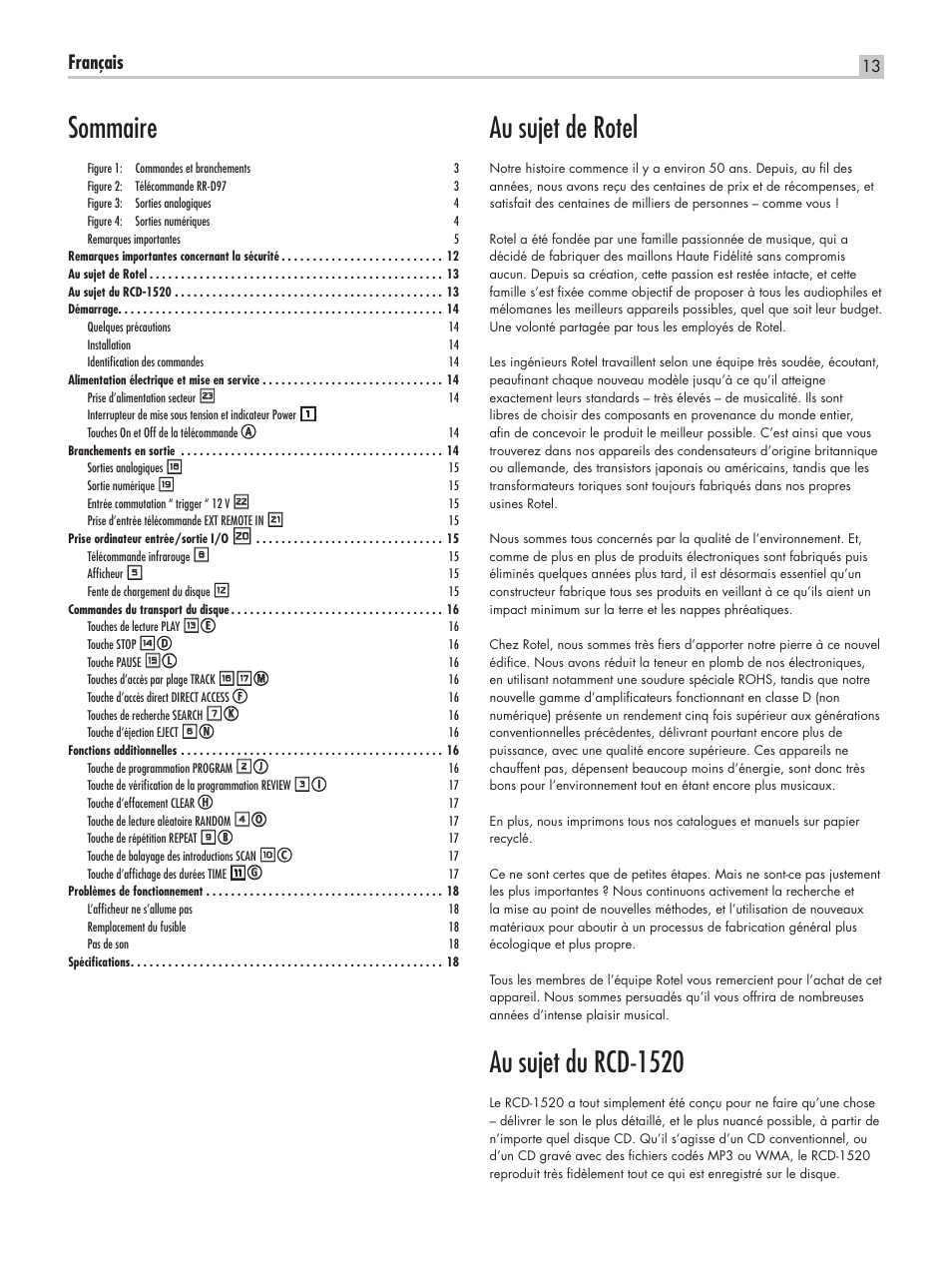 Au sujet de rotel, Au sujet du rcd-1520, Sommaire | Français | ROTEL RCD-1520 User Manual | Page 13 / 64