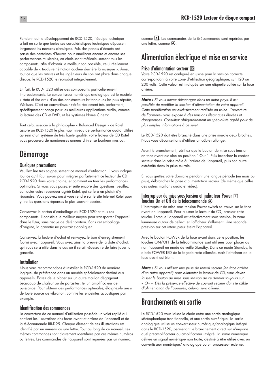 Démarrage, Alimentation électrique et mise en service, Branchements en sortie | ROTEL RCD-1520 User Manual | Page 14 / 64