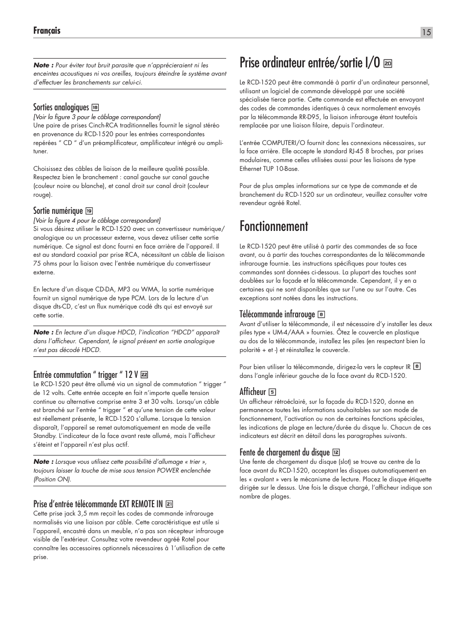Prise ordinateur entrée/sortie i/o, Fonctionnement | ROTEL RCD-1520 User Manual | Page 15 / 64