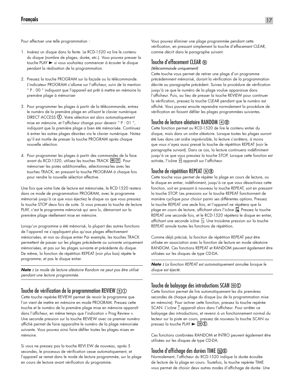 Français, Touche de vérification de la programmation review, Touche d’effacement clear h | Touche de lecture aléatoire random, Touche de répétition repeat, Touche de balayage des introductions scan, Touche d’affichage des durées time | ROTEL RCD-1520 User Manual | Page 17 / 64