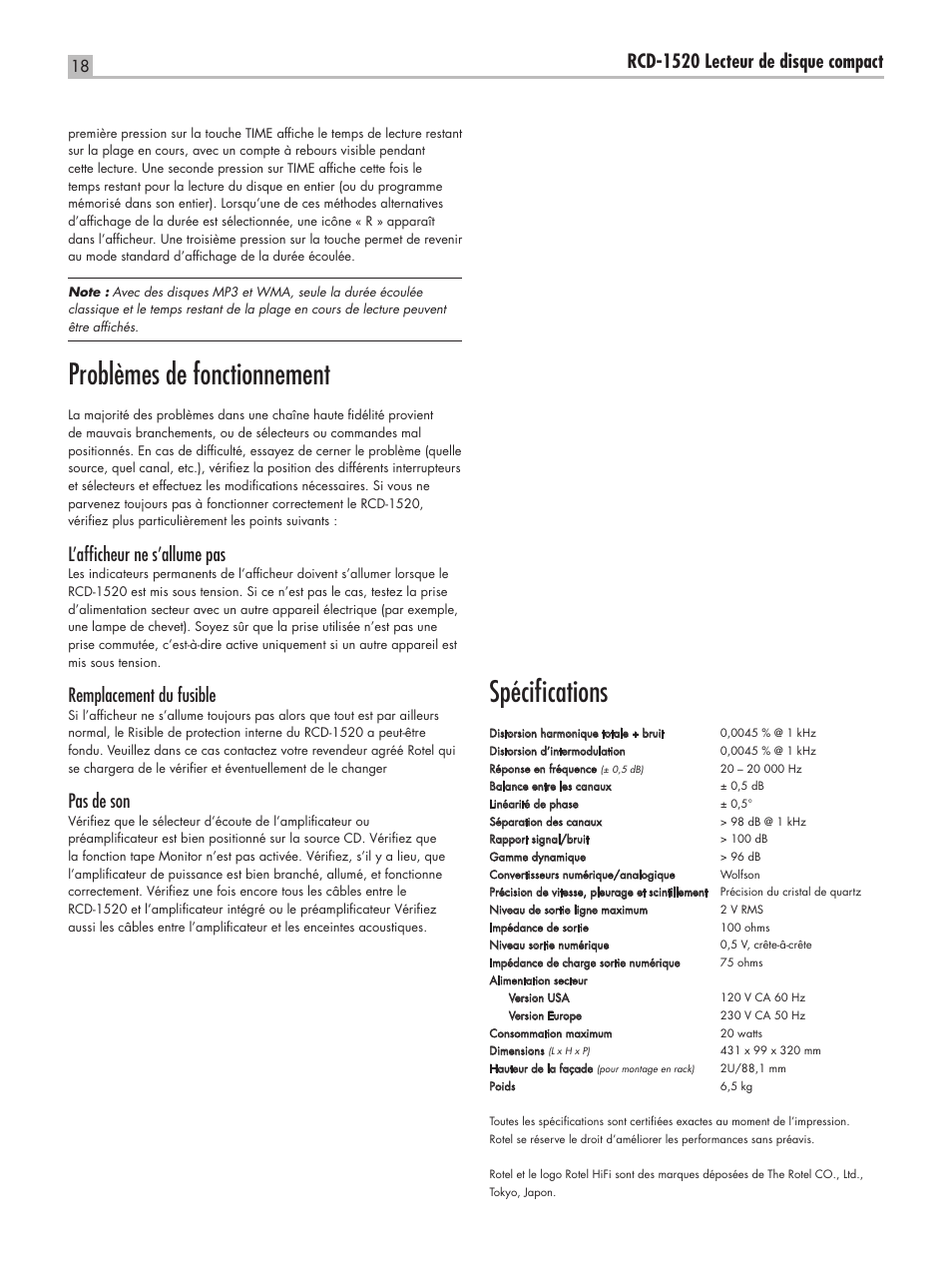 Spécifications, Problèmes de fonctionnement, Rcd-1520 lecteur de disque compact | L’afficheur ne s’allume pas, Remplacement du fusible, Pas de son | ROTEL RCD-1520 User Manual | Page 18 / 64