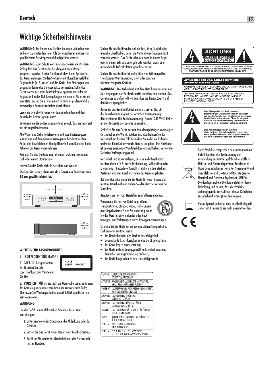 Wichtige sicherheitshinweise, Deutsch, Achtung | ROTEL RCD-1520 User Manual | Page 19 / 64