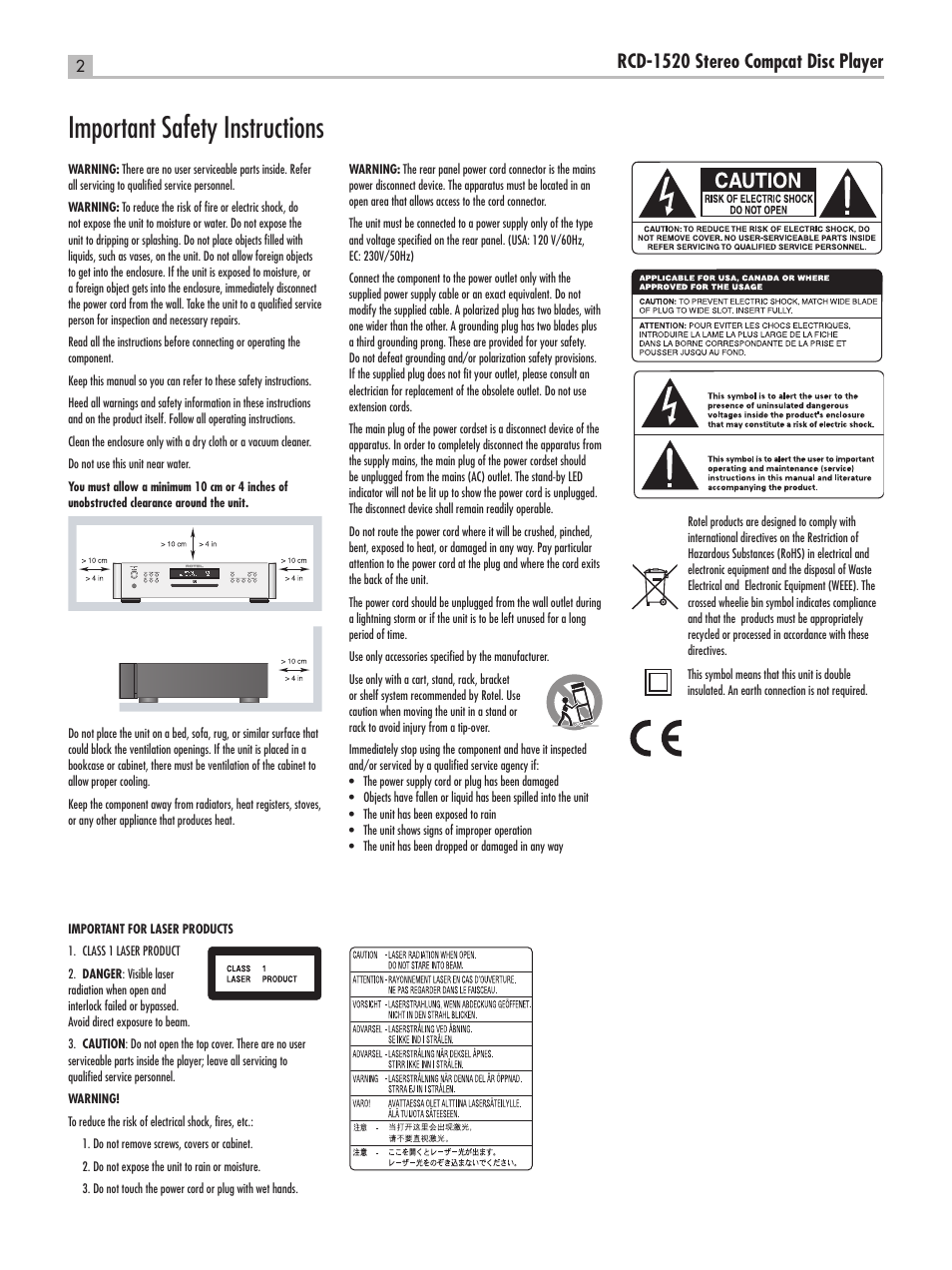 Important safety instructions, Rcd-1520 stereo compcat disc player | ROTEL RCD-1520 User Manual | Page 2 / 64