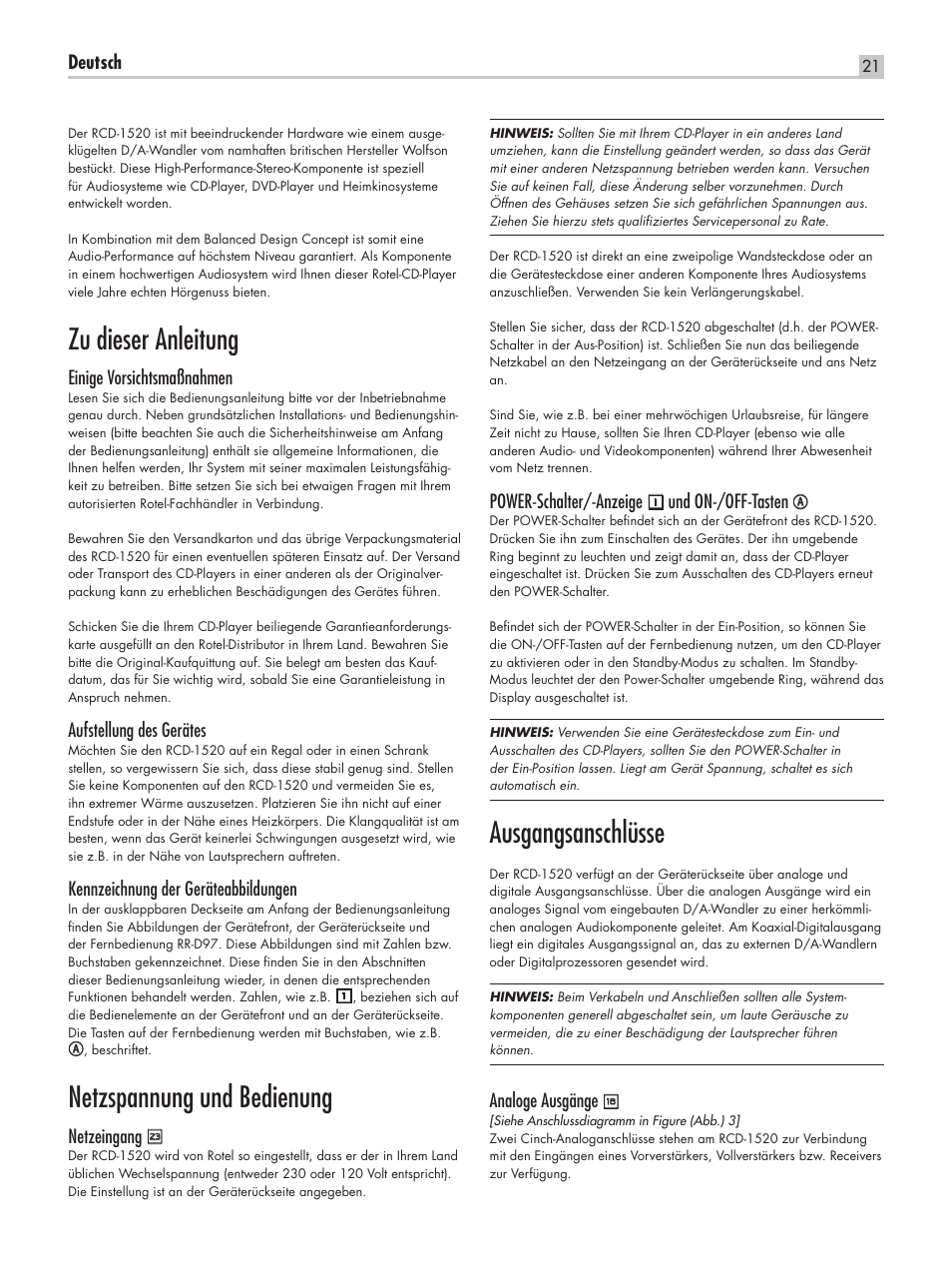Zu dieser anleitung, Netzspannung und bedienung, Ausgangsanschlüsse | ROTEL RCD-1520 User Manual | Page 21 / 64