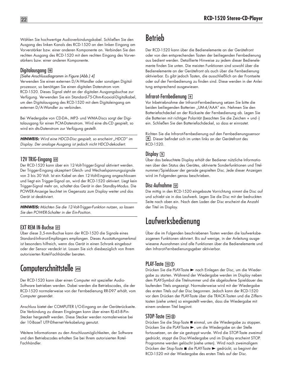 Computerschnittstelle, Betrieb, Laufwerksbedienung | ROTEL RCD-1520 User Manual | Page 22 / 64