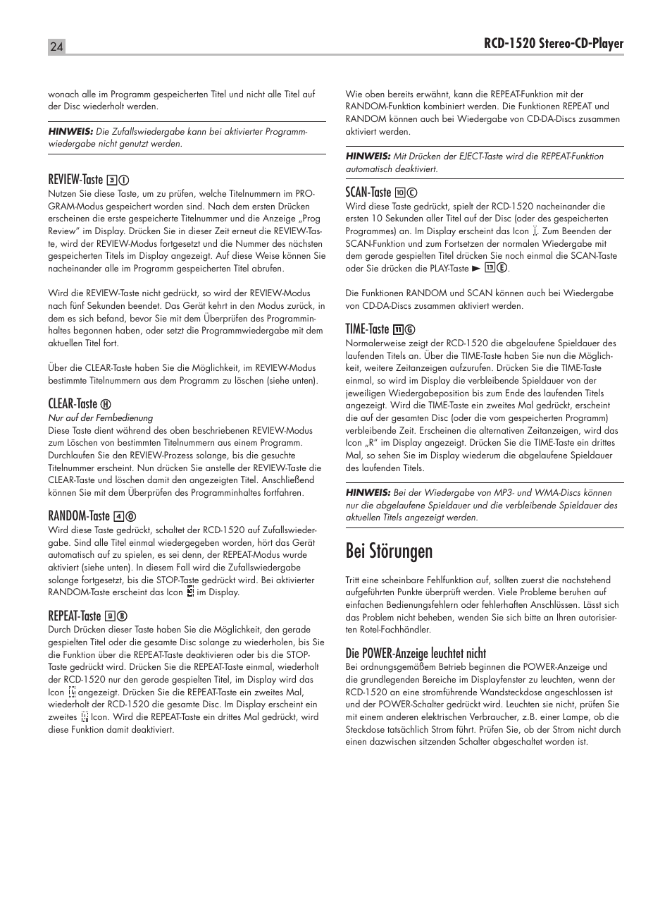 Bei störungen | ROTEL RCD-1520 User Manual | Page 24 / 64