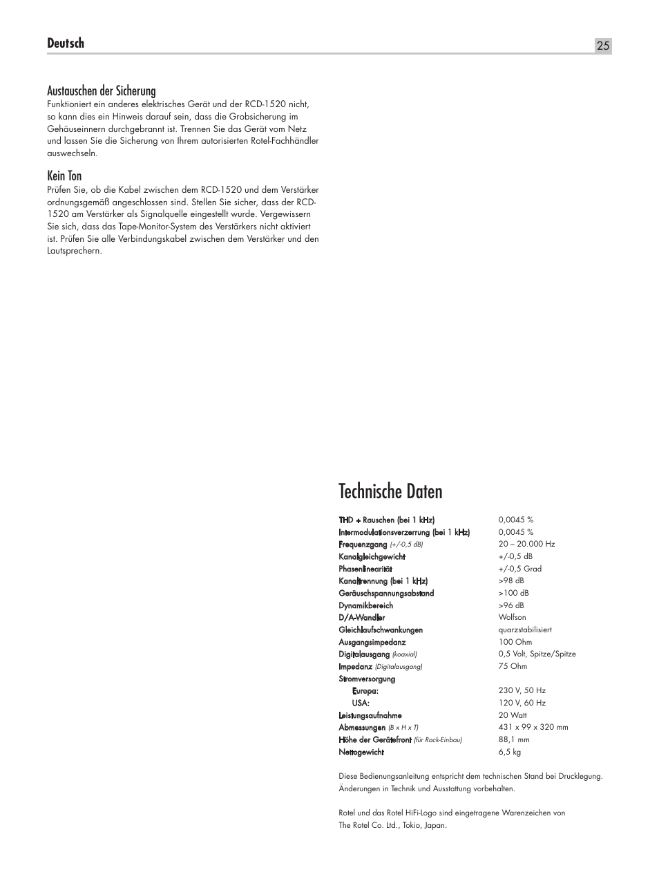 Technische daten, Deutsch, Austauschen der sicherung | Kein ton | ROTEL RCD-1520 User Manual | Page 25 / 64