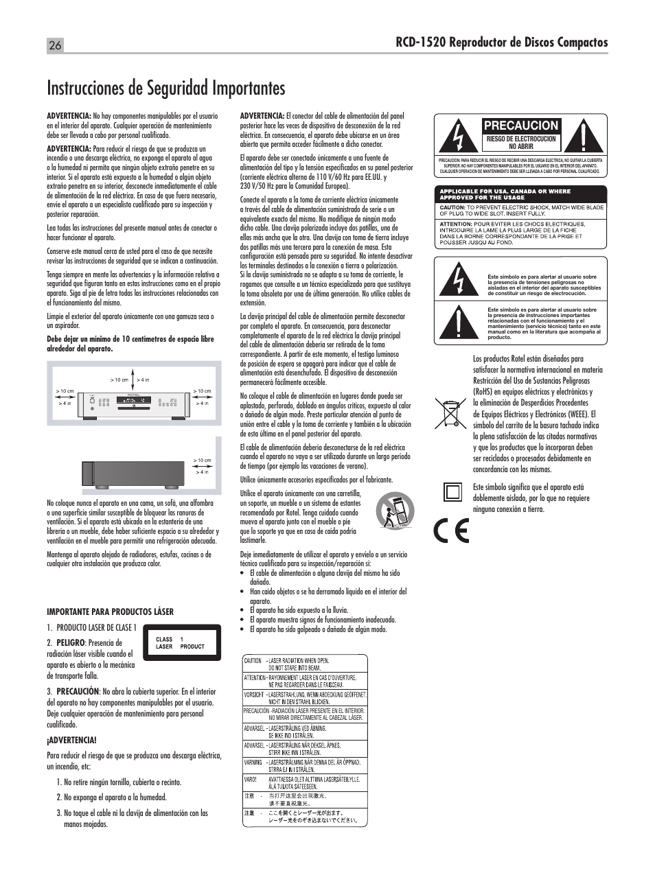 Instrucciones de seguridad importantes, Rcd-1520 reproductor de discos compactos, Precaucion | ROTEL RCD-1520 User Manual | Page 26 / 64