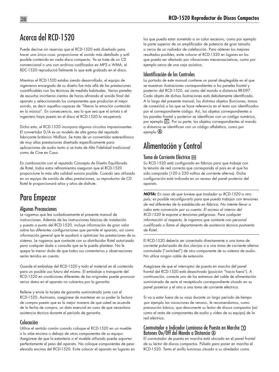 Acerca del rcd-1520, Para empezar, Alimentación y control | ROTEL RCD-1520 User Manual | Page 28 / 64