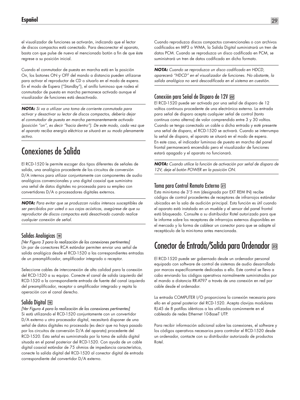 Conexiones de salida, Conector de entrada/salida para ordenador | ROTEL RCD-1520 User Manual | Page 29 / 64