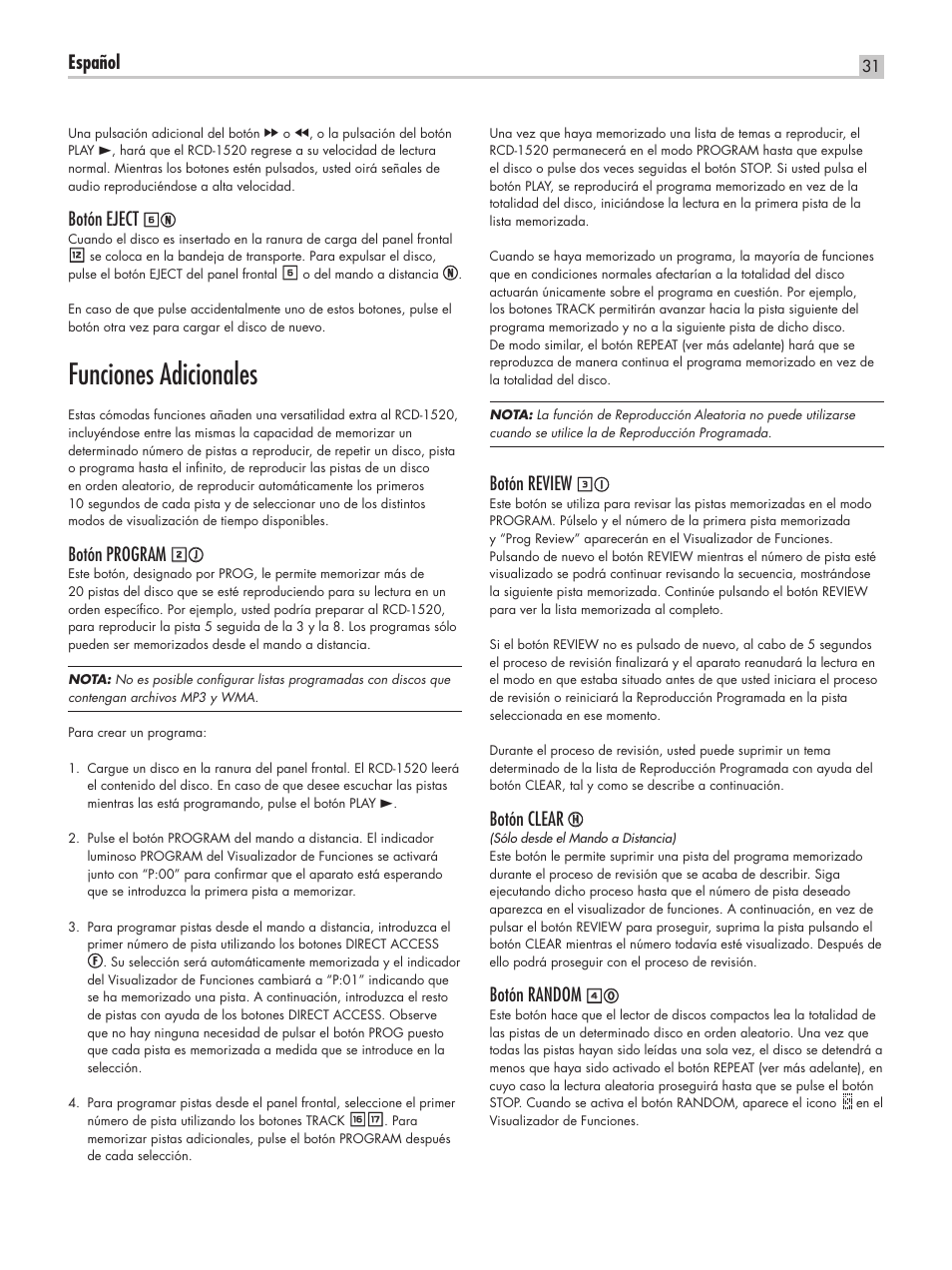 Funciones adicionales, Español, Botón eject | Botón program, Botón review, Botón clear h, Botón random | ROTEL RCD-1520 User Manual | Page 31 / 64