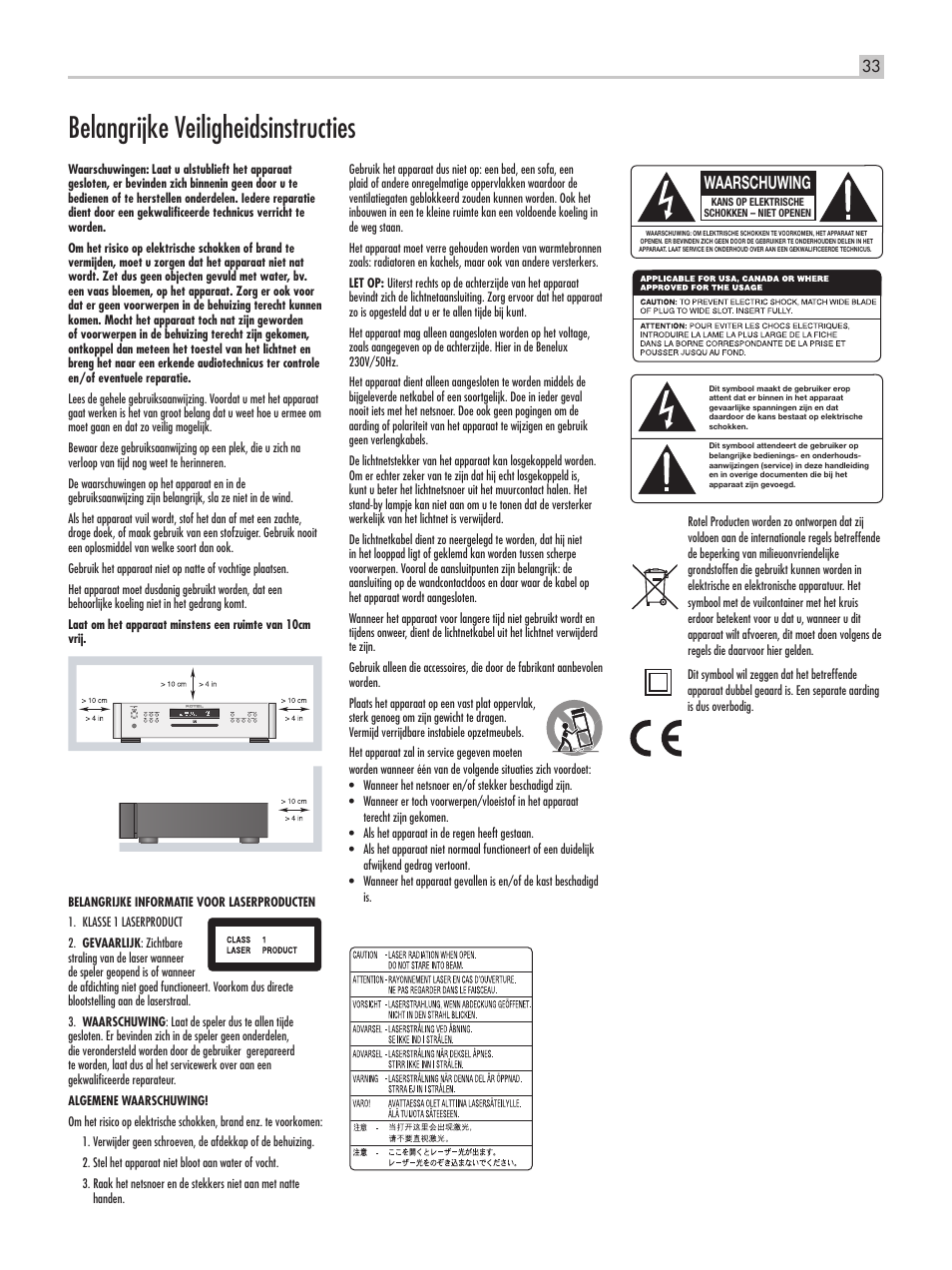 Belangrijke veiligheidsinstructies, Waarschuwing | ROTEL RCD-1520 User Manual | Page 33 / 64