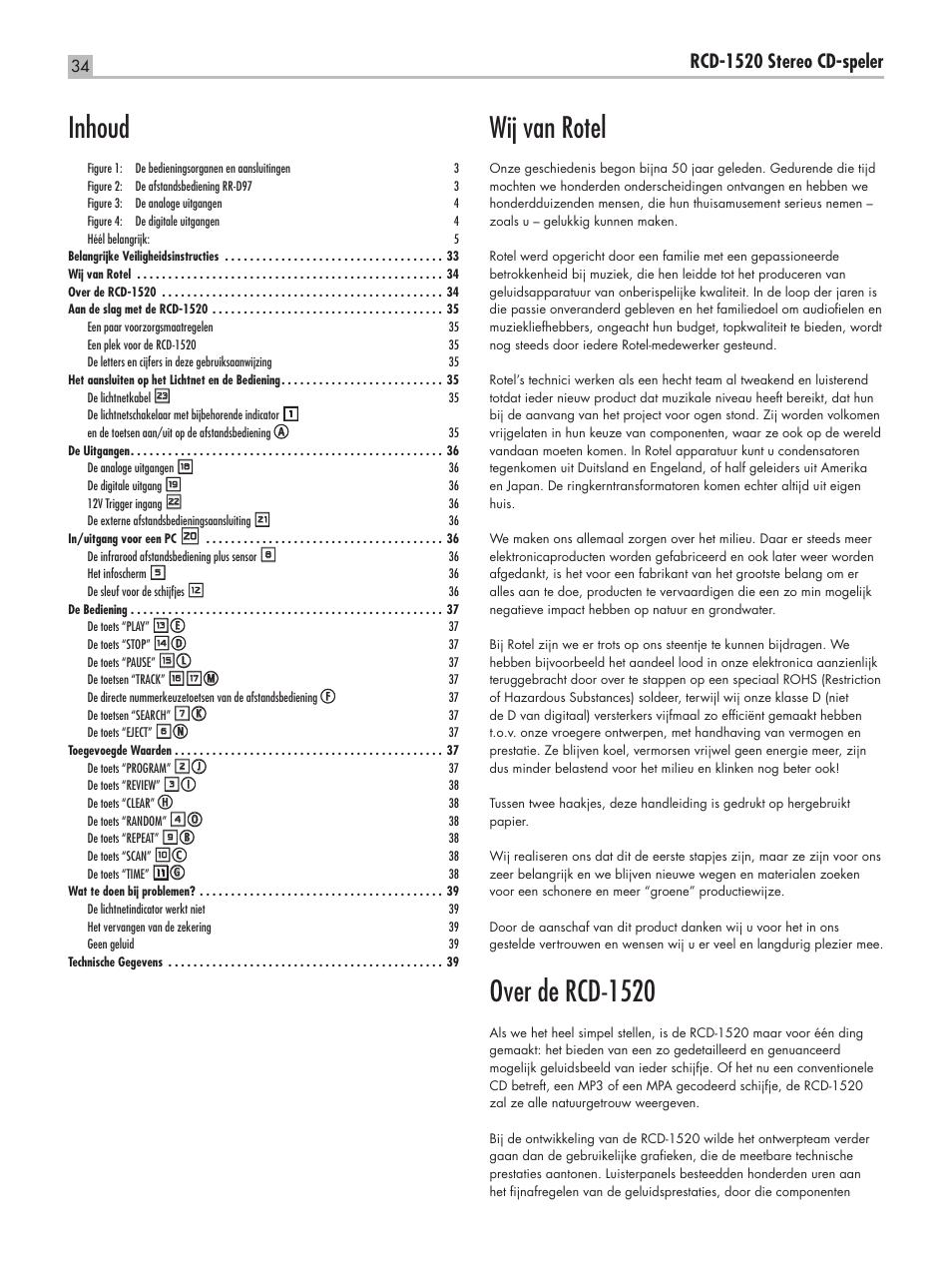 Wij van rotel, Over de rcd-1520, Inhoud | Rcd-1520 stereo cd-speler | ROTEL RCD-1520 User Manual | Page 34 / 64