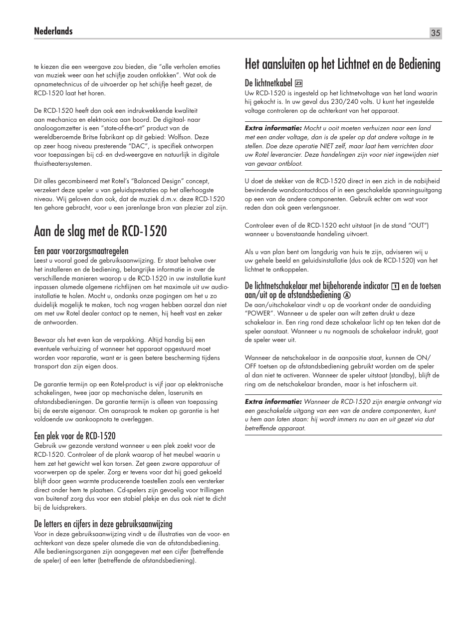 Aan de slag met de rcd-1520, Het aansluiten op het lichtnet en de bediening | ROTEL RCD-1520 User Manual | Page 35 / 64