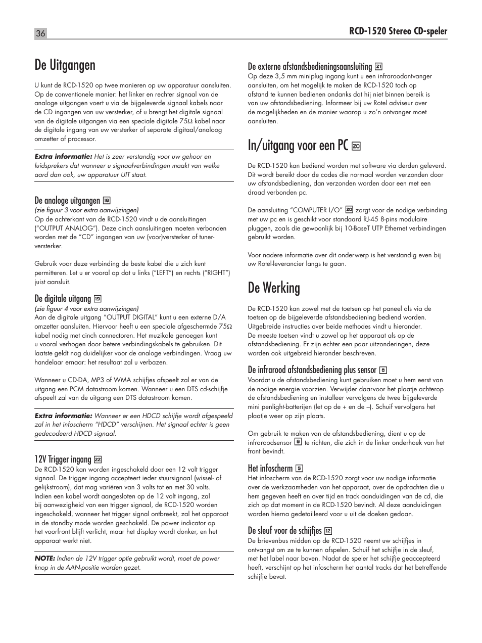 De uitgangen, In/uitgang voor een pc, De werking | ROTEL RCD-1520 User Manual | Page 36 / 64