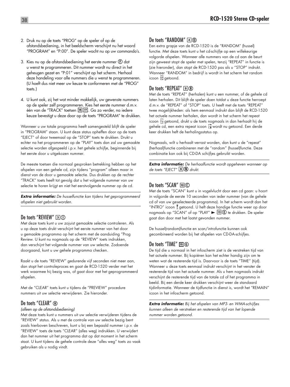 Rcd-1520 stereo cd-speler, De toets “review, De toets “clear” h | De toets “random, De toets “repeat, De toets “scan, De toets “time | ROTEL RCD-1520 User Manual | Page 38 / 64