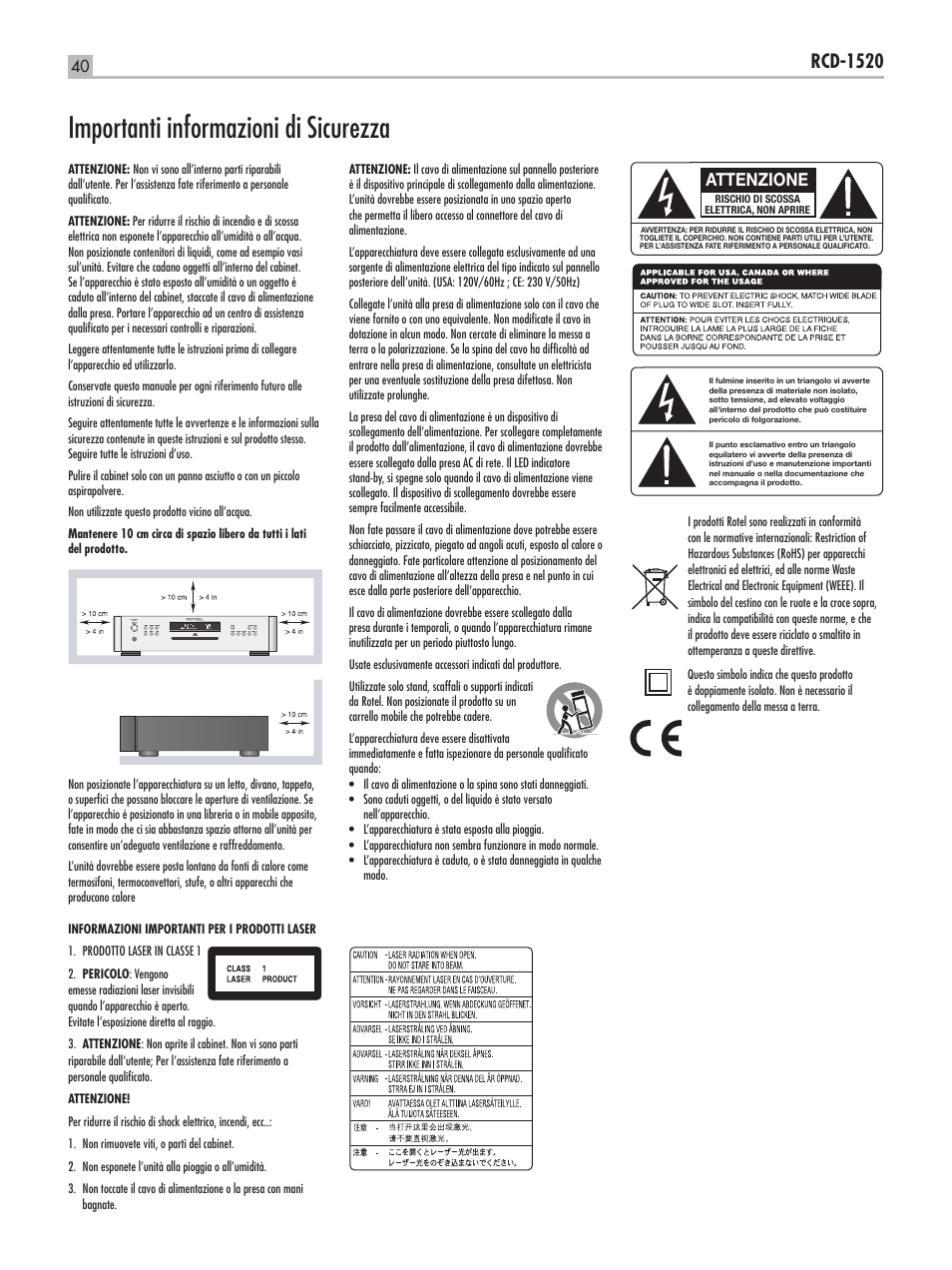 Importanti informazioni di sicurezza, Rcd-1520, Attenzione | ROTEL RCD-1520 User Manual | Page 40 / 64