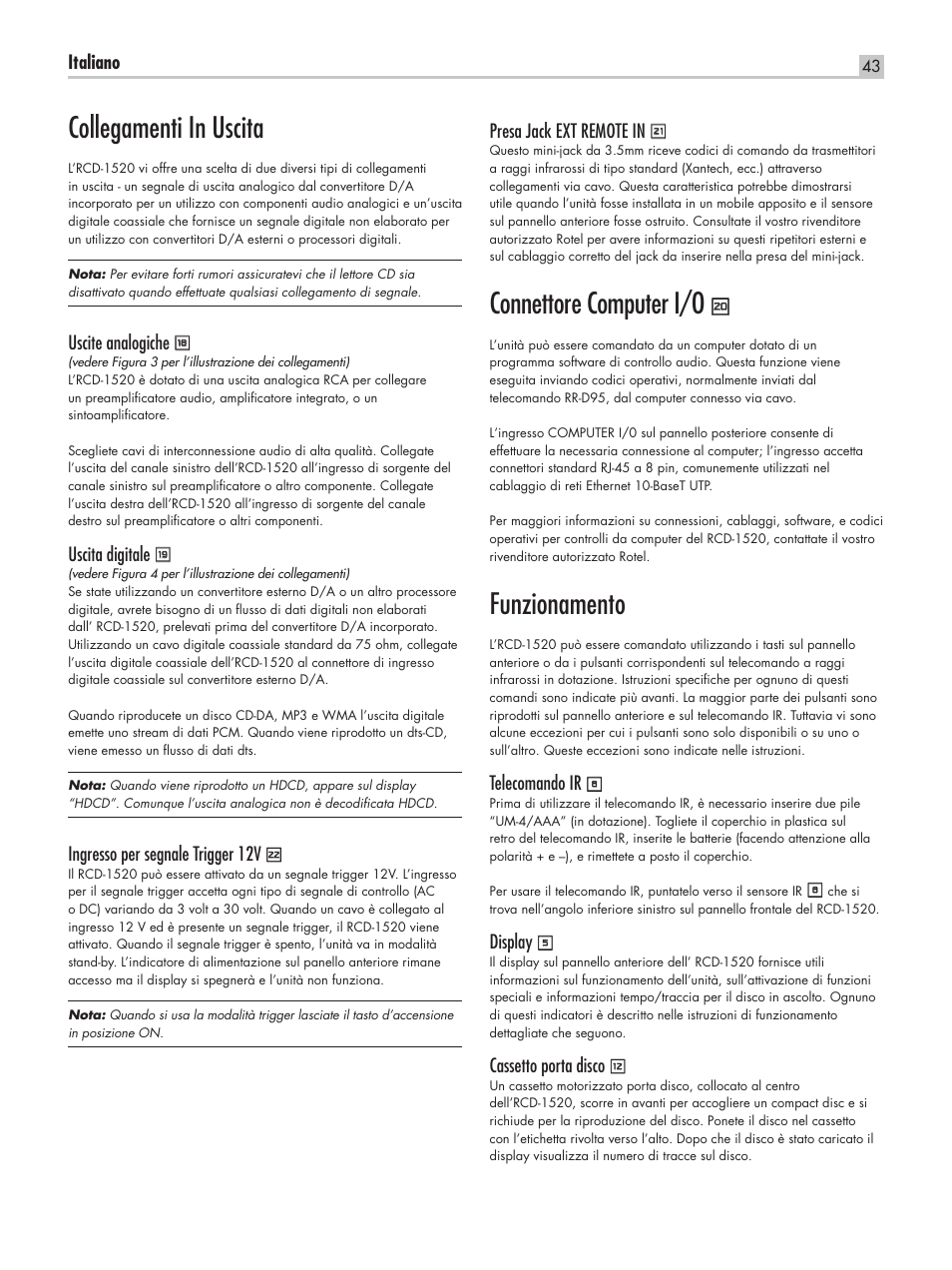 Collegamenti in uscita, Connettore computer i/o, Funzionamento | ROTEL RCD-1520 User Manual | Page 43 / 64