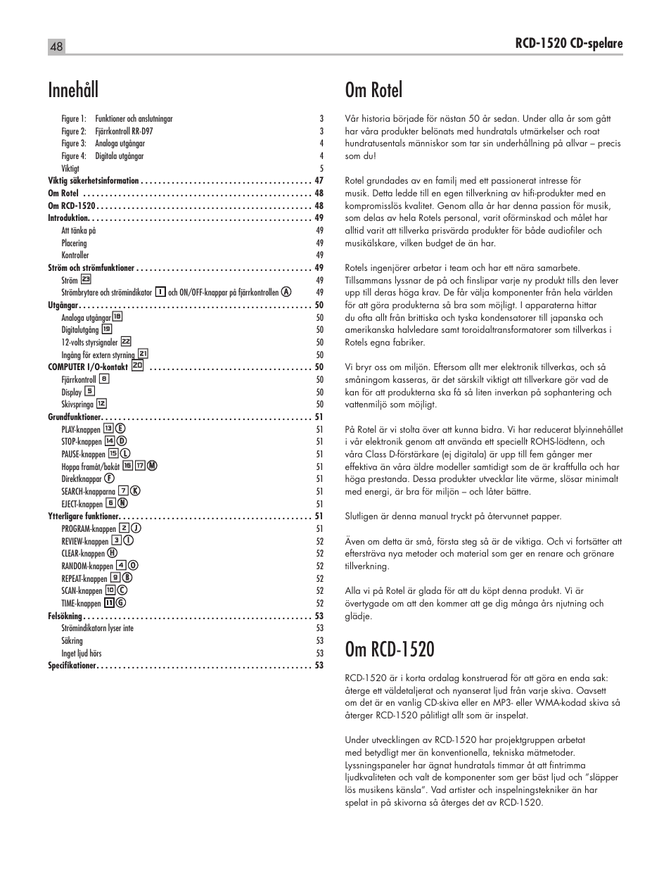 Om rotel, Om rcd-1520, Innehåll | Rcd-1520 cd-spelare | ROTEL RCD-1520 User Manual | Page 48 / 64