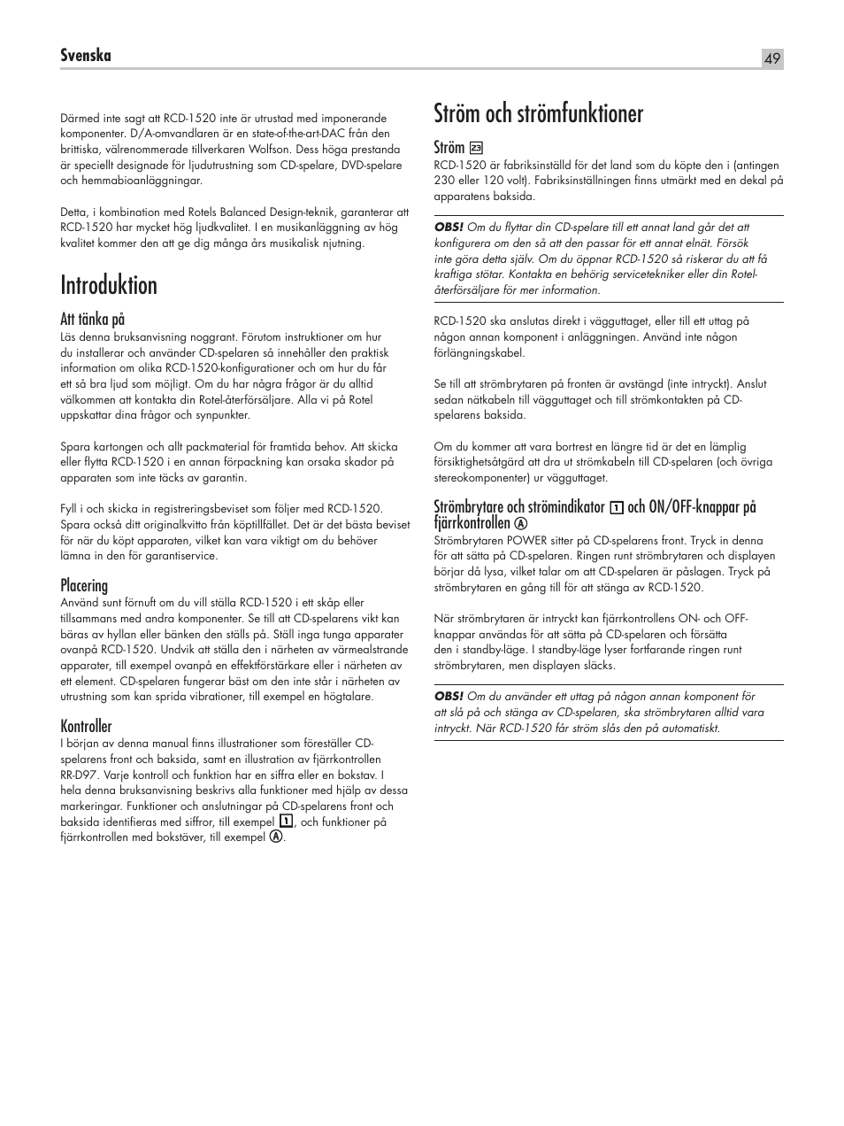 Introduktion, Ström och strömfunktioner | ROTEL RCD-1520 User Manual | Page 49 / 64