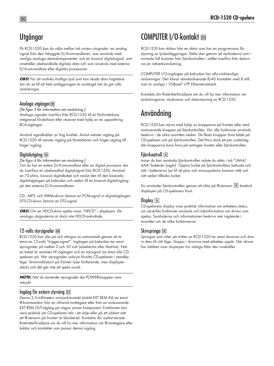 Utgångar, Computer i/o-kontakt, Användning | ROTEL RCD-1520 User Manual | Page 50 / 64