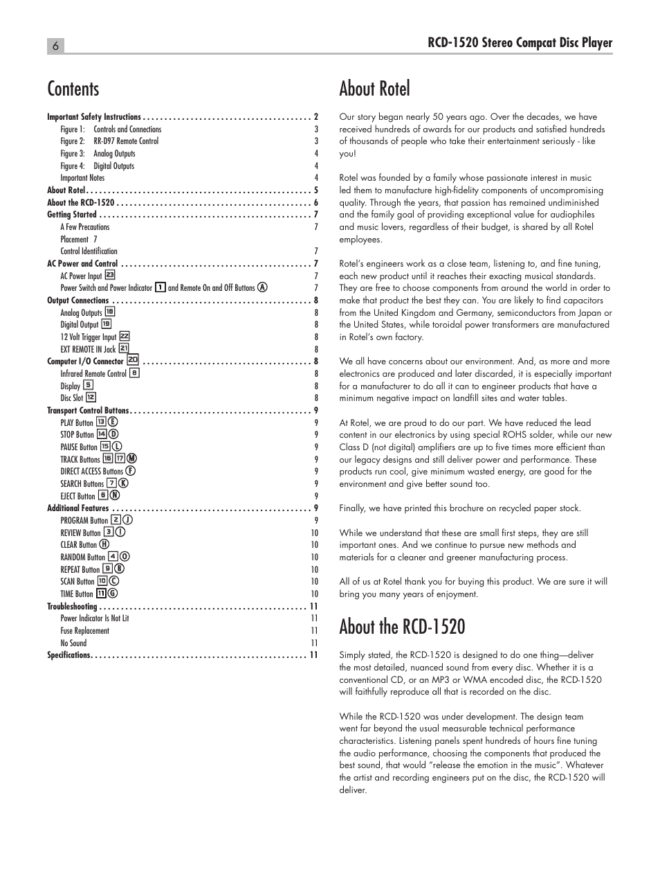 ROTEL RCD-1520 User Manual | Page 6 / 64