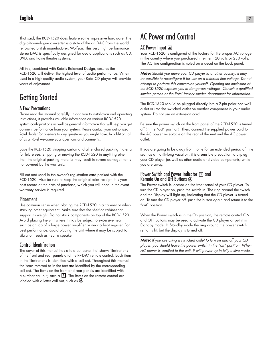 Getting started, Ac power and control | ROTEL RCD-1520 User Manual | Page 7 / 64