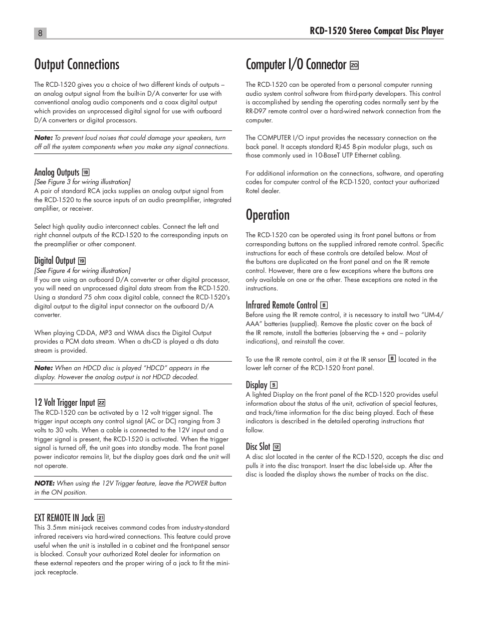 Output connections, Computer i/o connector, Operation | ROTEL RCD-1520 User Manual | Page 8 / 64