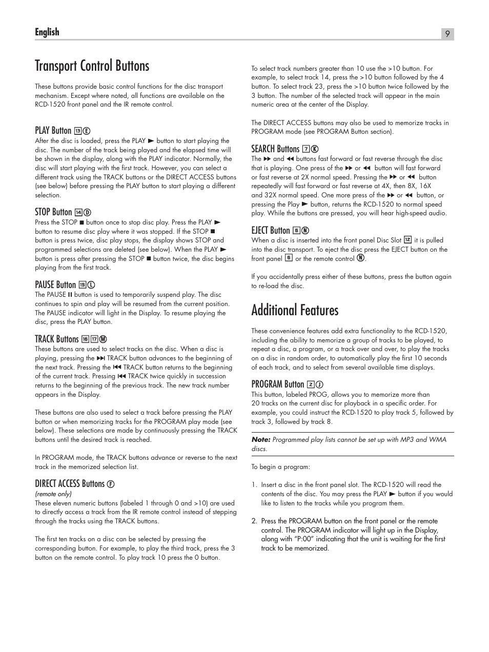 Additional features, Transport control buttons, English | Search buttons, Eject button, Program button, Play button, Stop button, Pause button, Track buttons | ROTEL RCD-1520 User Manual | Page 9 / 64