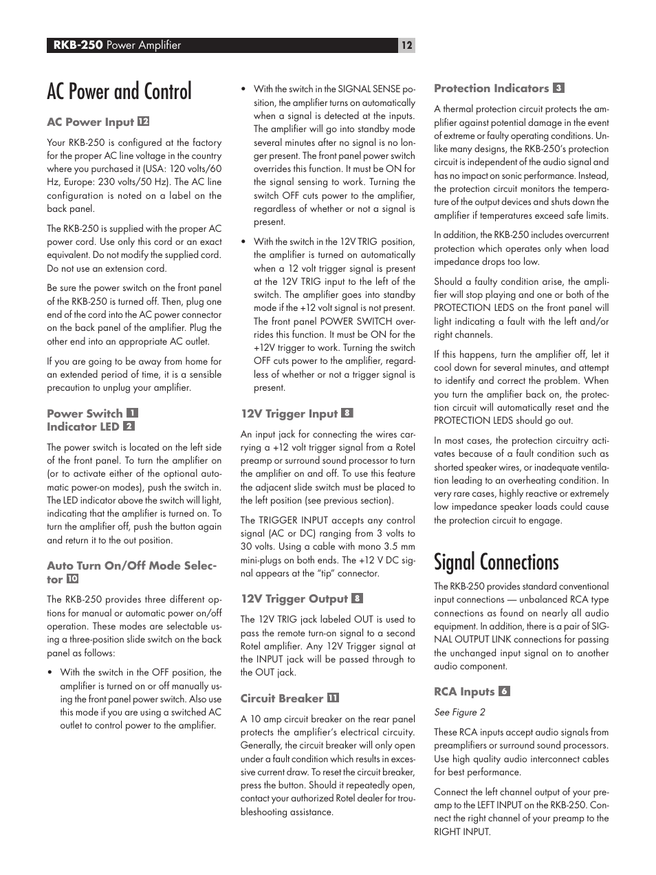 Signal connections, Ac power and control | ROTEL RKB-250 User Manual | Page 12 / 56