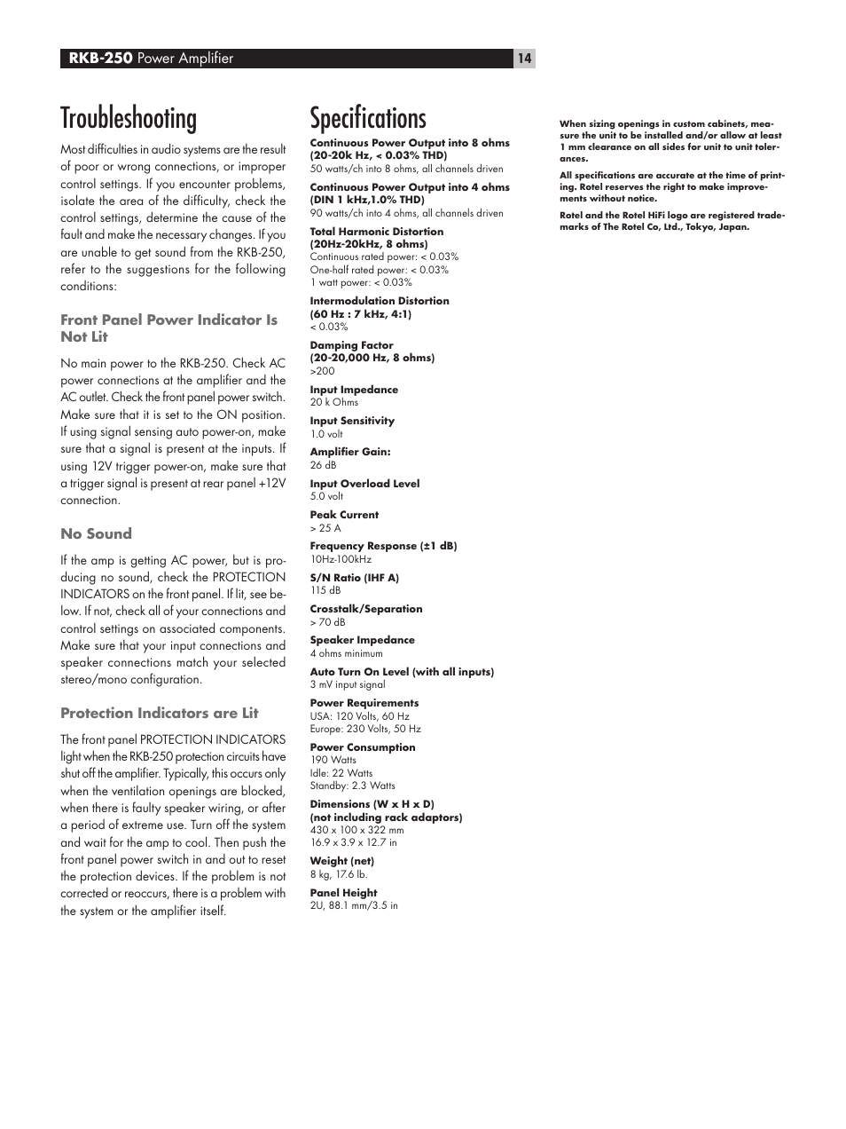 Speciﬁcations, Troubleshooting, Rkb-250 power ampliﬁer | ROTEL RKB-250 User Manual | Page 14 / 56