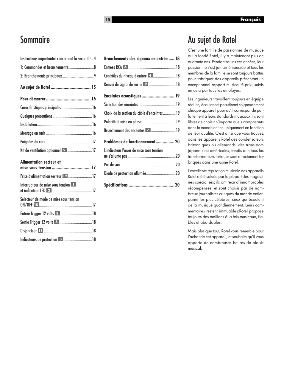 Au sujet de rotel, Sommaire | ROTEL RKB-250 User Manual | Page 15 / 56
