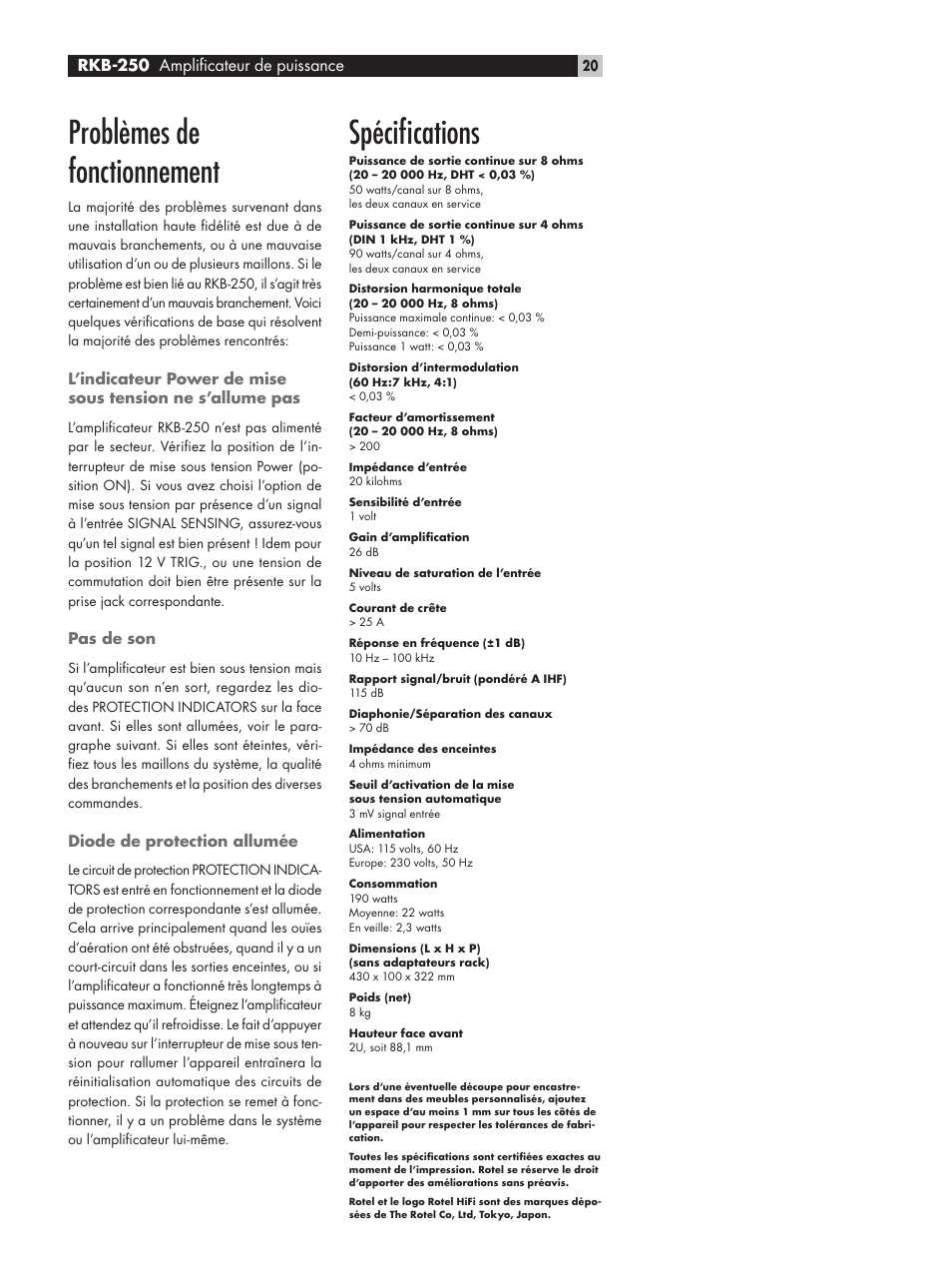 Problèmes de fonctionnement, Spéciﬁcations, Rkb-250 ampliﬁcateur de puissance | ROTEL RKB-250 User Manual | Page 20 / 56