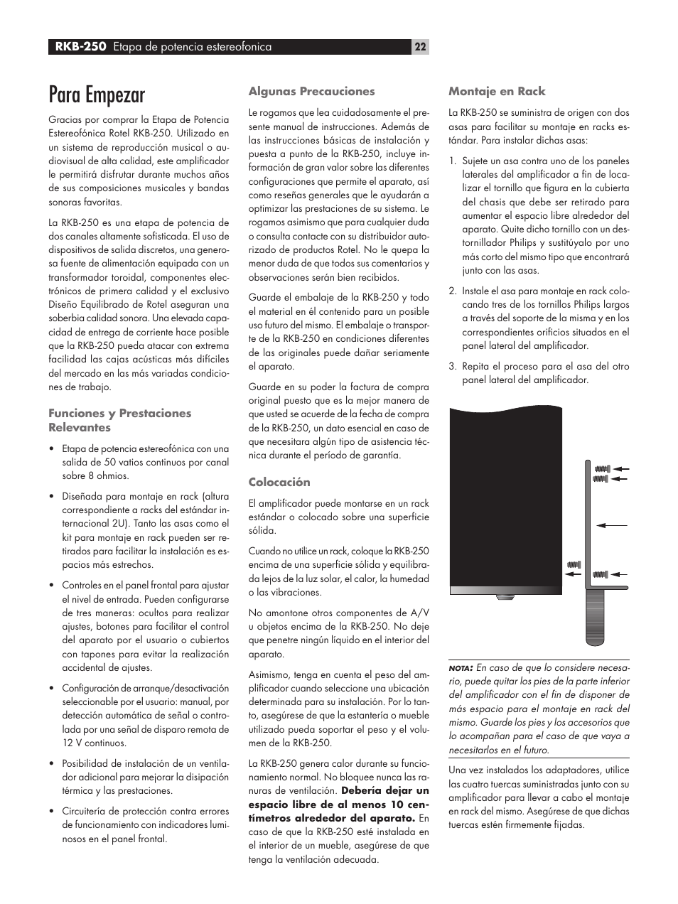 Para empezar | ROTEL RKB-250 User Manual | Page 22 / 56