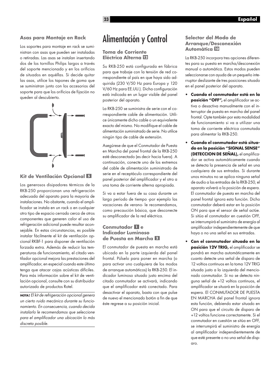 Alimentación y control | ROTEL RKB-250 User Manual | Page 23 / 56