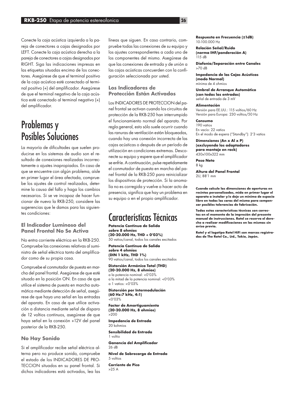 Problemas y posibles soluciones, Características técnicas, Rkb-250 etapa de potencia estereofonica | ROTEL RKB-250 User Manual | Page 26 / 56