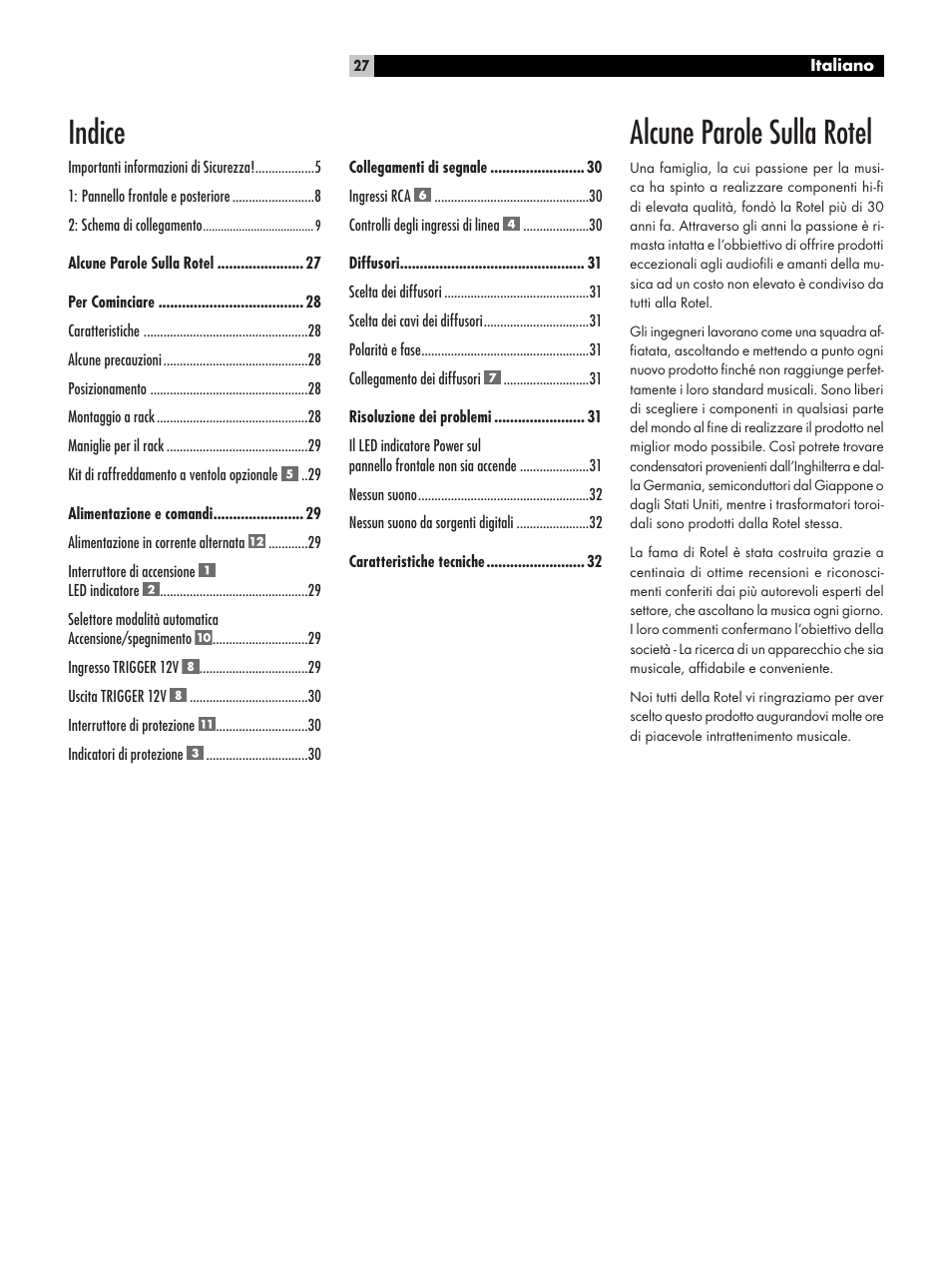 Alcune parole sulla rotel, Indice | ROTEL RKB-250 User Manual | Page 27 / 56