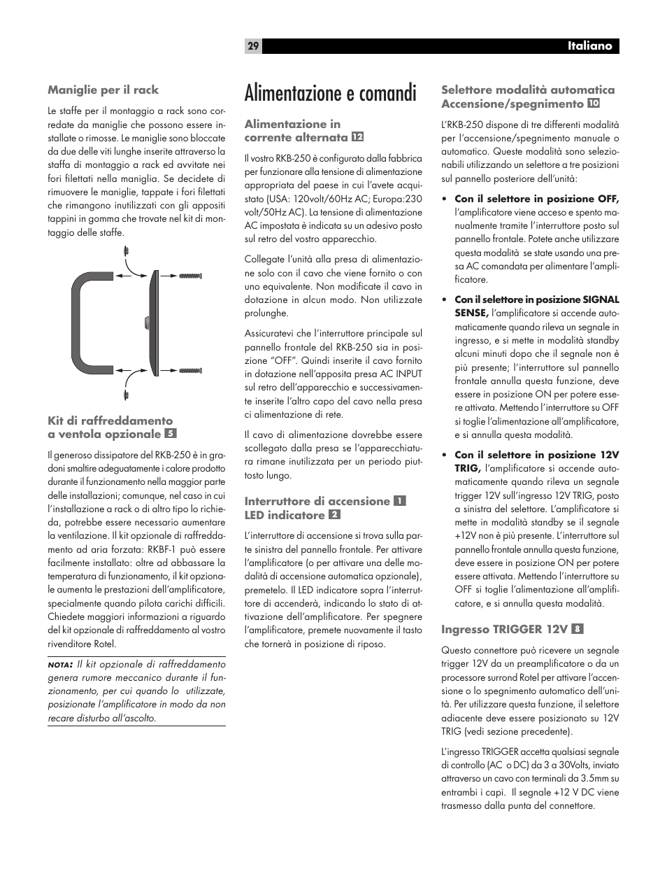 Alimentazione e comandi | ROTEL RKB-250 User Manual | Page 29 / 56