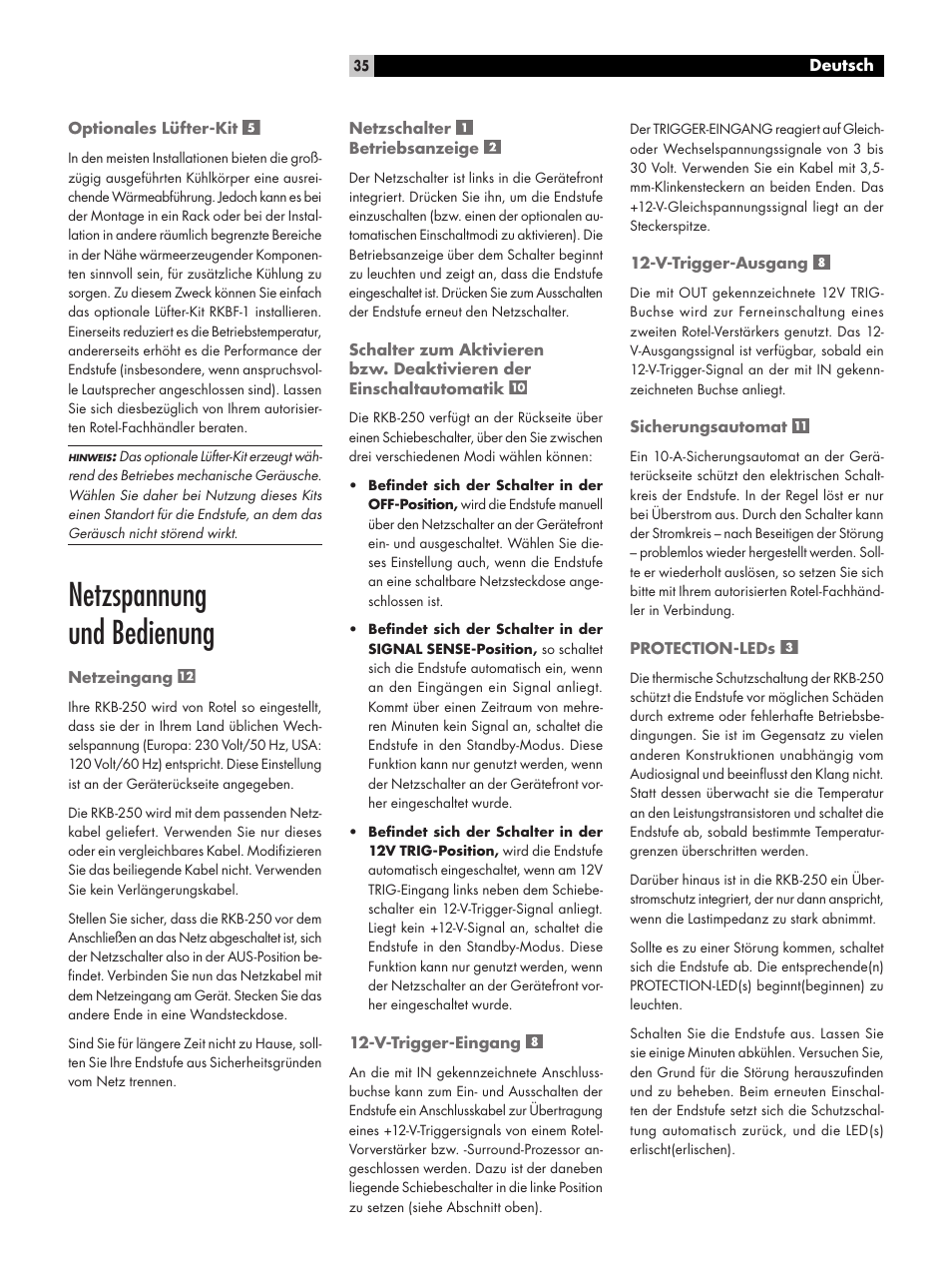 Netzspannung und bedienung | ROTEL RKB-250 User Manual | Page 35 / 56