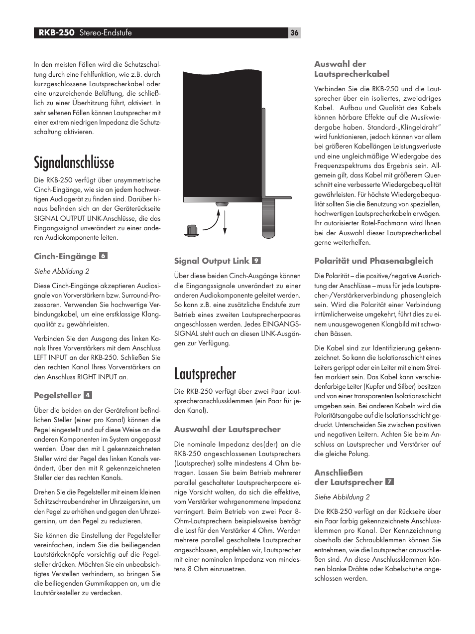 Signalanschlüsse, Lautsprecher | ROTEL RKB-250 User Manual | Page 36 / 56