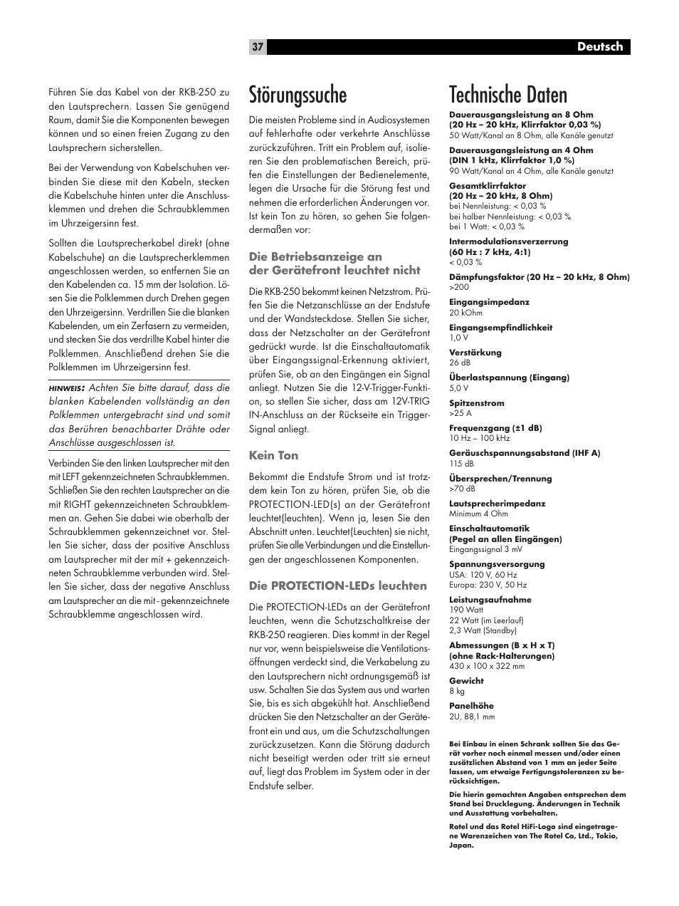 Störungssuche, Technische daten, Deutsch | ROTEL RKB-250 User Manual | Page 37 / 56